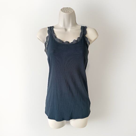 Express Tops - VTG Express Womens Y2K Ribbed Lace Trim Cami Top M Blue Club Boho Retro Preppy